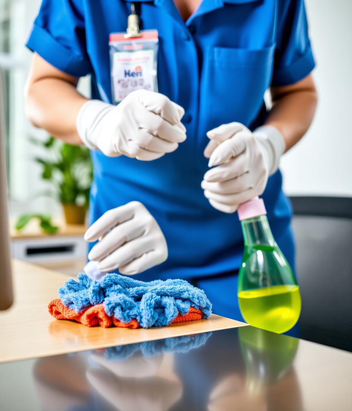 T-NAS professional sanitizing a workspace